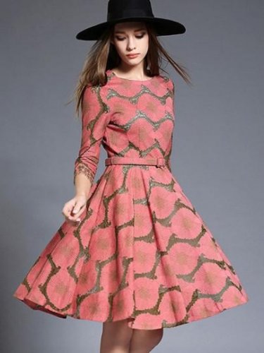 Embroidery Waves Printed Belt Women\'s Day Dress