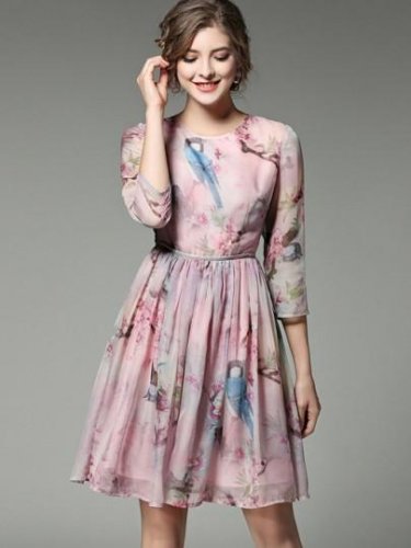 Half Sleeve Pleated Women\'s Day Dress