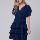 Solid Color Short Sleeve V Neck Chiffon Women\'s Day Dress