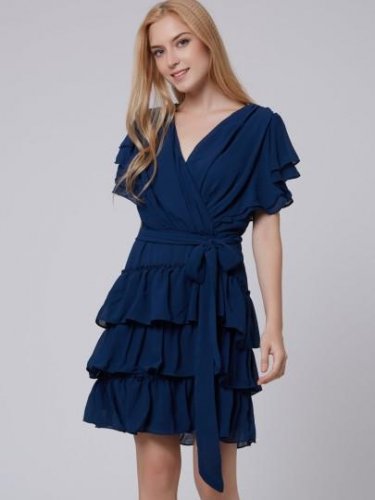 Solid Color Short Sleeve V Neck Chiffon Women\'s Day Dress
