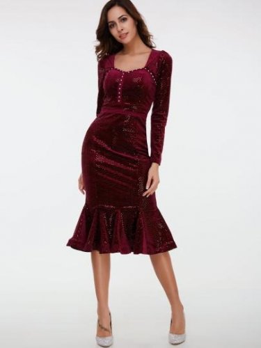 Square Neck Rhinestones Fishtail Women\'s Sheath Dress