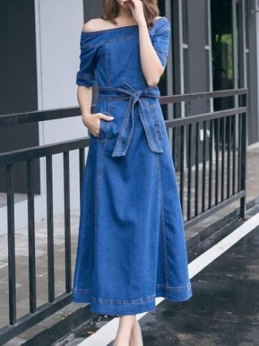 Denim Back Zipper Pockets Women\'s Maxi Dress