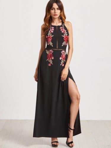 Black Embroidery Open Back Women\'s Maxi Dress