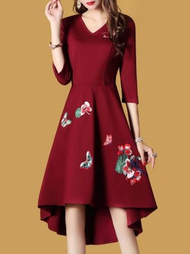 Embroidery Asym Half Sleeve Women\'s Day Dress