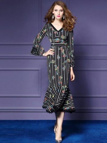 Black Striped Floral Women\'s Sheath Dress