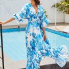 V Neck Blue Vacation Women\'s Maxi Dress