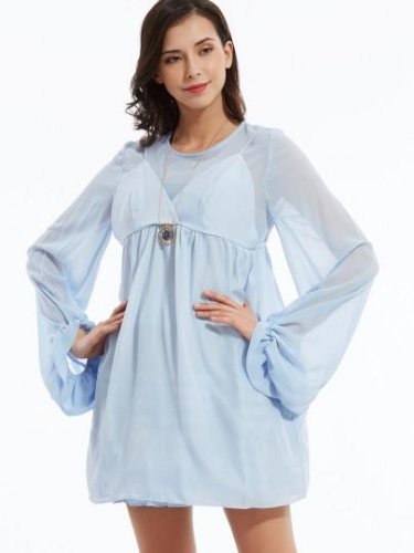 Plain Lantern Sleeves A-Line Day Dress
