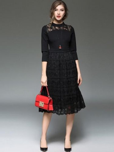 Solid Color 3/4 Sleeve Patchwork Women\'s Lace Dress