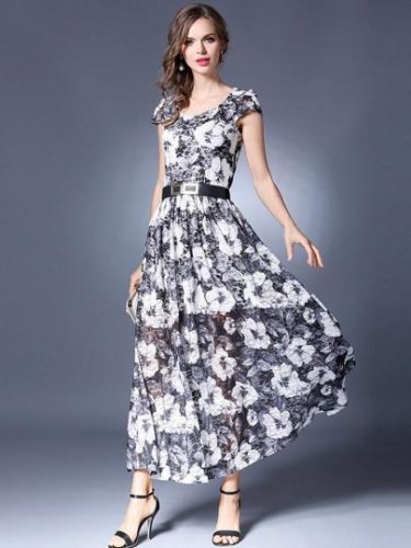 See-Through Cap Sleeve Printing Women\'s Maxi Dress