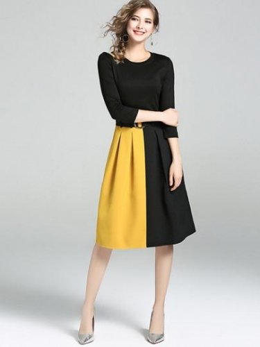 Half Sleeve Patchwork Women\'s Day Dress with Belt