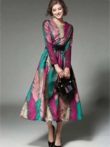 Color Block Long Sleeve Rose Women\'s Maxi Dress