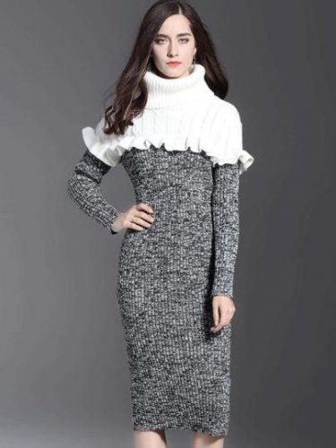 Turtle Neck Falbala Women\'s Sweater Dress