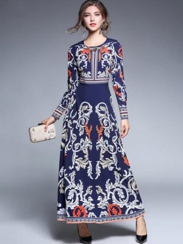 Blue Rhinestones Decorated Palace Style Women\'s Maxi Dress