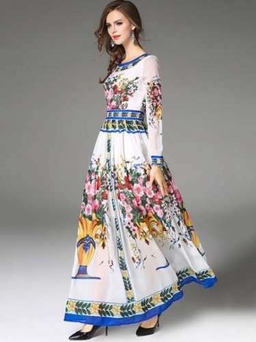 Back Zipper Long Sleeve Printing Women\'s Maxi Dress