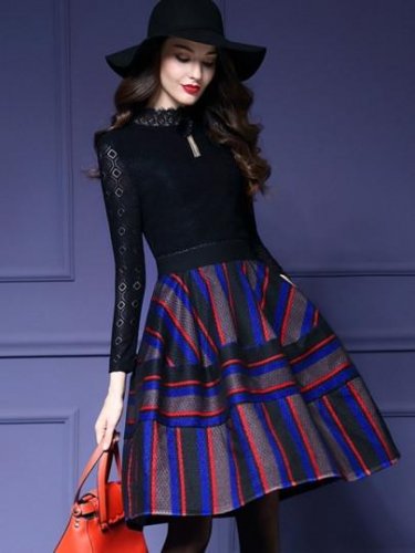 Striped Turtle Neck Women\'s Day Dress