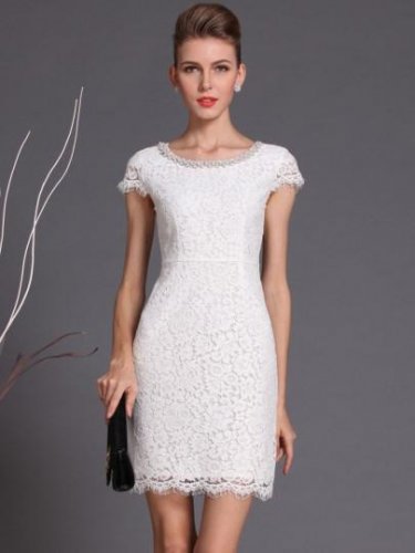 White Rhinestones Cap Sleeve Women\'s Lace Dress