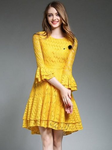 Bell Sleeve Tiered Women\'s Lace Dress