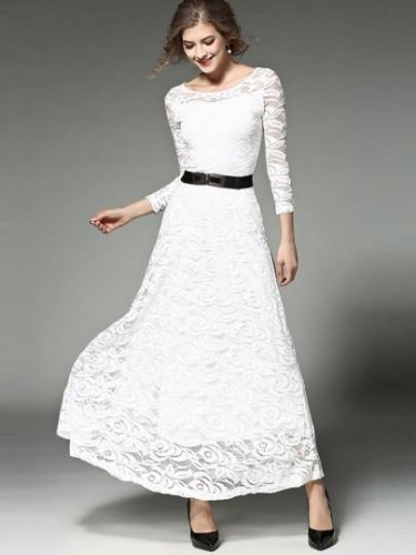 Solid Color Long Sleeve Lace Women\'s Maxi Dress