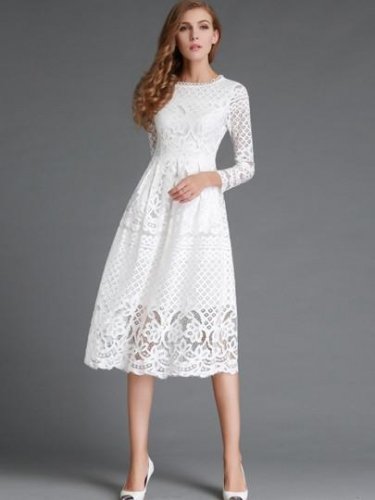Hollow Long Sleeve Women\'s Lace Dress