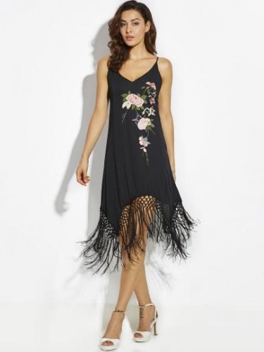 Flower Embroideried Vacation Tassel Patchwork Women\'s A-Line Dress