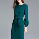 Office Lady Lantern Sleeve Bowknot Plain Women\'s Bodycon Dress