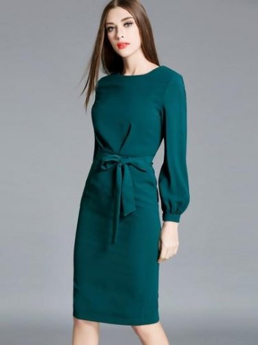 Office Lady Lantern Sleeve Bowknot Plain Women\'s Bodycon Dress