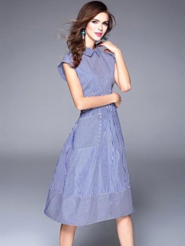 Blue Lapel Cap Sleeve Women\'s Day Dress