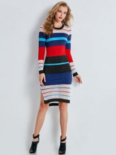 Slash Neck Single-Breasted Split Women\'s Sweater Dress
