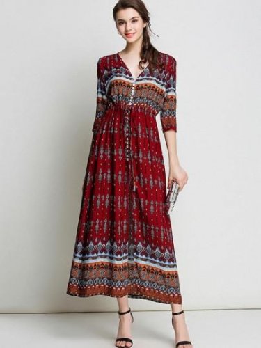Dark Red Single-Breasted Women\'s Maxi Dress