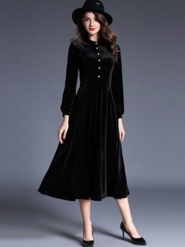 Black Single-Breasted Ruffle Women\'s Long Sleeve Dress (Plus Size Available)