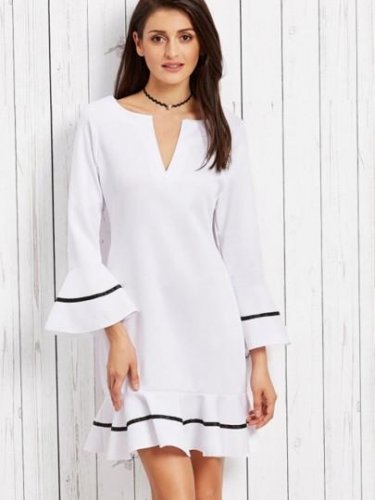 Falbala Fishtail Flare Sleeve V-Neck Women\'s Day Dress