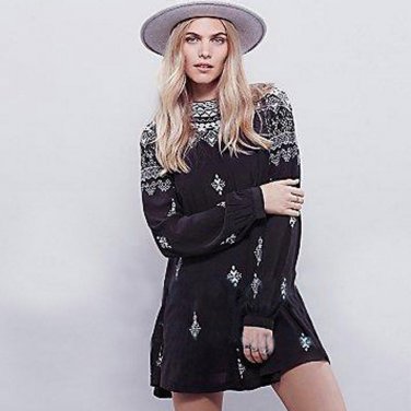 Spring Boho Dress Embroidery Women\'s Dress Long Sleeve Loose Bohemian Dress Loose Waist Thin Dress 