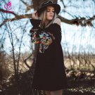 Boho Dress Women Autumn Long Sleeve Off The Shoulder Sexy Dress Sweet Flower Embroidery Mini Dress F