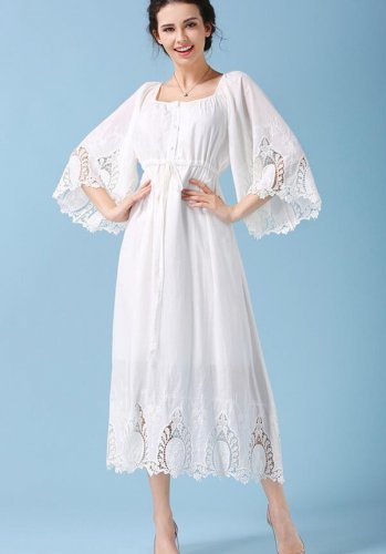 Retro Autumn New Arrival Flare Sleeve Round Collar Lace Embroidery Hollow-out Woman Long Cotton Dres