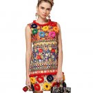 Fashion Designer Dress Women\'s High Quality Fuzzy Ball Luxury Diamonds Beading Baroque Printed Embo