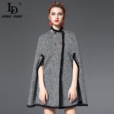 High Quality Women Winter Coat Houndstooth Wool Cloak Coats Button Vintage England Style Poncho Oute