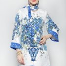 High Quality Women Winter Coats Beading Blue White Floral Flower Print Casual Jackets Fashion Coat O