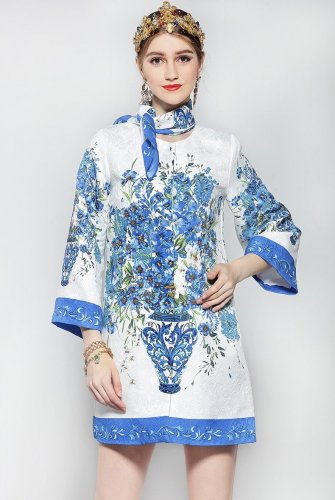 High Quality Women Winter Coats Beading Blue White Floral Flower Print Casual Jackets Fashion Coat O
