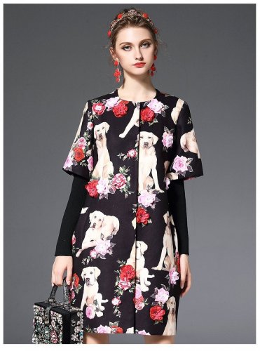 High Quality Patchwork Knitting Long Sleeve Winter Coat Women Overcoat Black pet dog Printed Floral 
