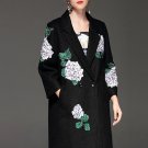 High Quality Women Winter Coat Warm Long Sleeve Hortensia Floral Appliques Long Black Coats Vintage 