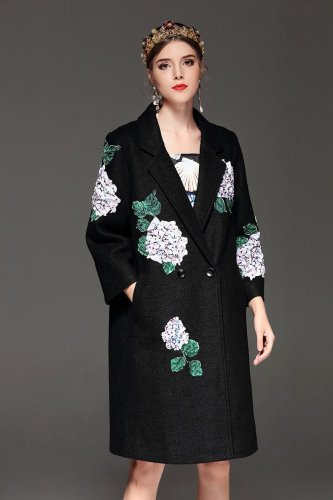 High Quality Women Winter Coat Warm Long Sleeve Hortensia Floral Appliques Long Black Coats Vintage 