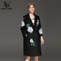 High Quality Women Winter Coat Warm Long Sleeve Hortensia Floral Appliques Long Black Coats Vintage