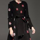 High Quality Women Winter Coat Long Sleeve Floral Print Beading Warm Wool Blends Black Long Coats Ou