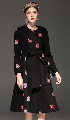 High Quality Women Winter Coat Long Sleeve Floral Print Beading Warm Wool Blends Black Long Coats Ou