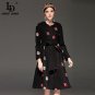 High Quality Women Winter Coat Long Sleeve Floral Print Beading Warm Wool Blends Black Long Coats Ou