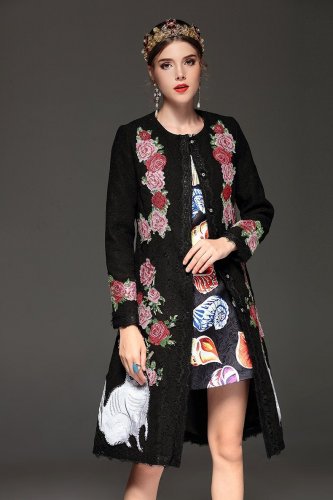 High Quality Women Winter Coat Warm Long Sleeve Flowers Floral Embroidery Long Lace Coats Fashion Ou