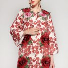 High Quality Winter Women Coats Long Sleeve Red Rose Floral Flower Appliques Vintage Jackets Fashion