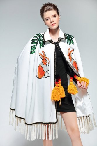High Quality Winter Cloak Coat Women Outerwear Coats Casual White Rabbit Embroidery Sequin Tassel Ca