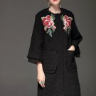 High Quality Women Winter Coat  Warm Pocket Woolen Floral Embroidery Long Coat Vintage Black Outerwe