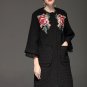 High Quality Women Winter Coat Warm Pocket Woolen Floral Embroidery Long Coat Vintage Black Outerwe